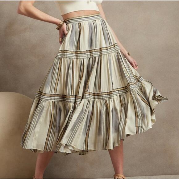 Banana Republic Dresses & Skirts - Banana Republic Zephyr Midi Shimmering Gold Tiered Boho Flowing A-Line Skirt-10